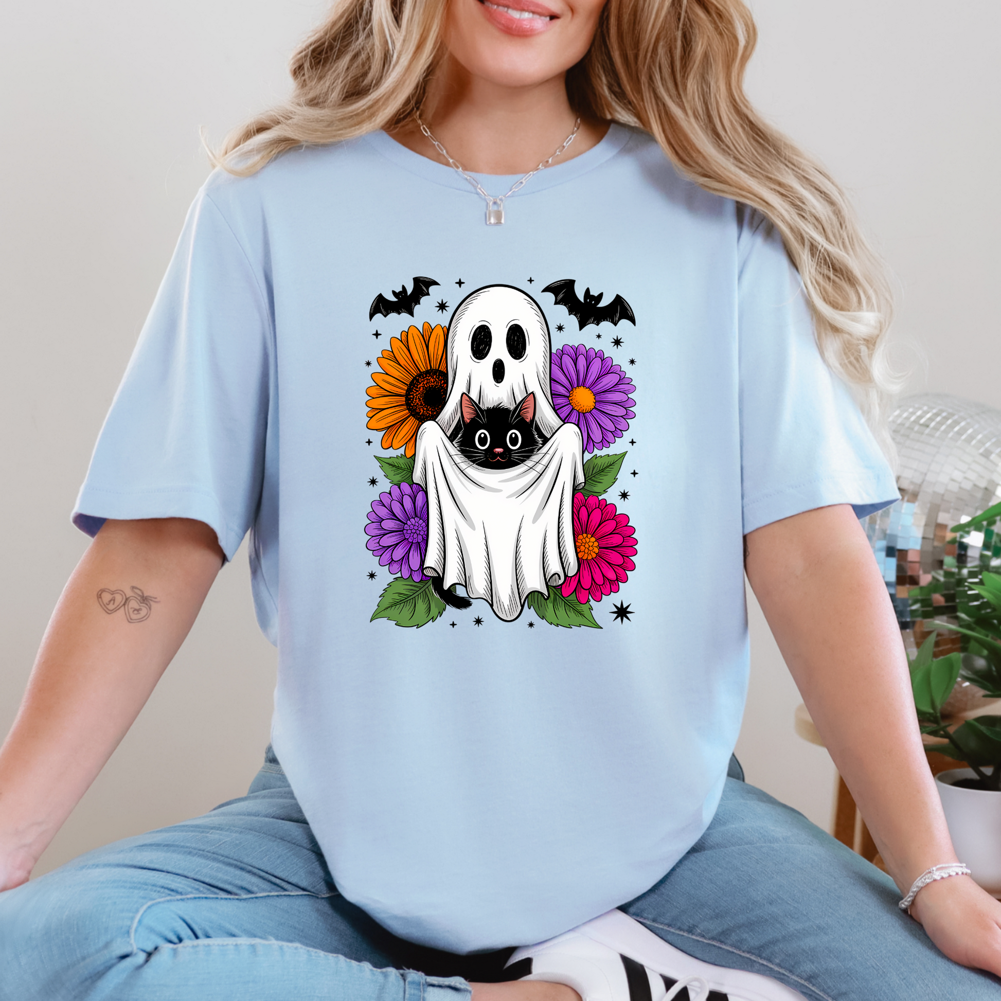 Wholesale Cat and Ghost Graphic Tee - Baby Blue Tee