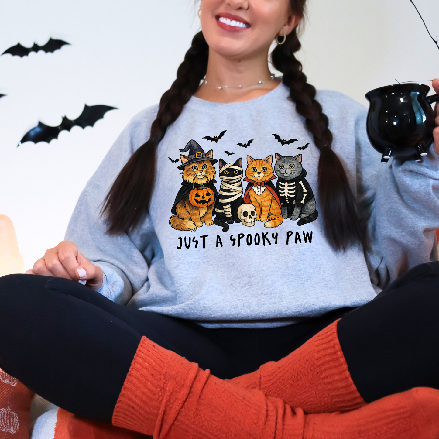 Wholesale Cat Spooky Paw Graphic Tee or Sweatshirt - Grey Sweatshirt