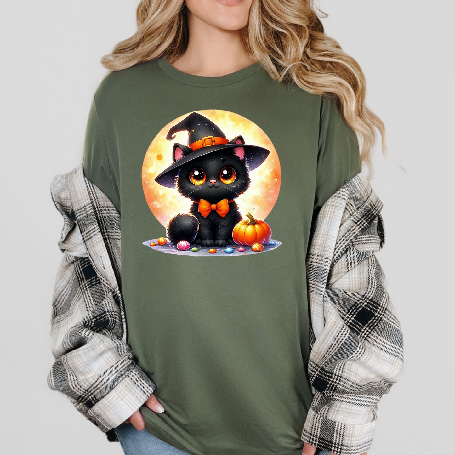 Wholesale Cat with Moon Graphic Tee - Military Green Tee