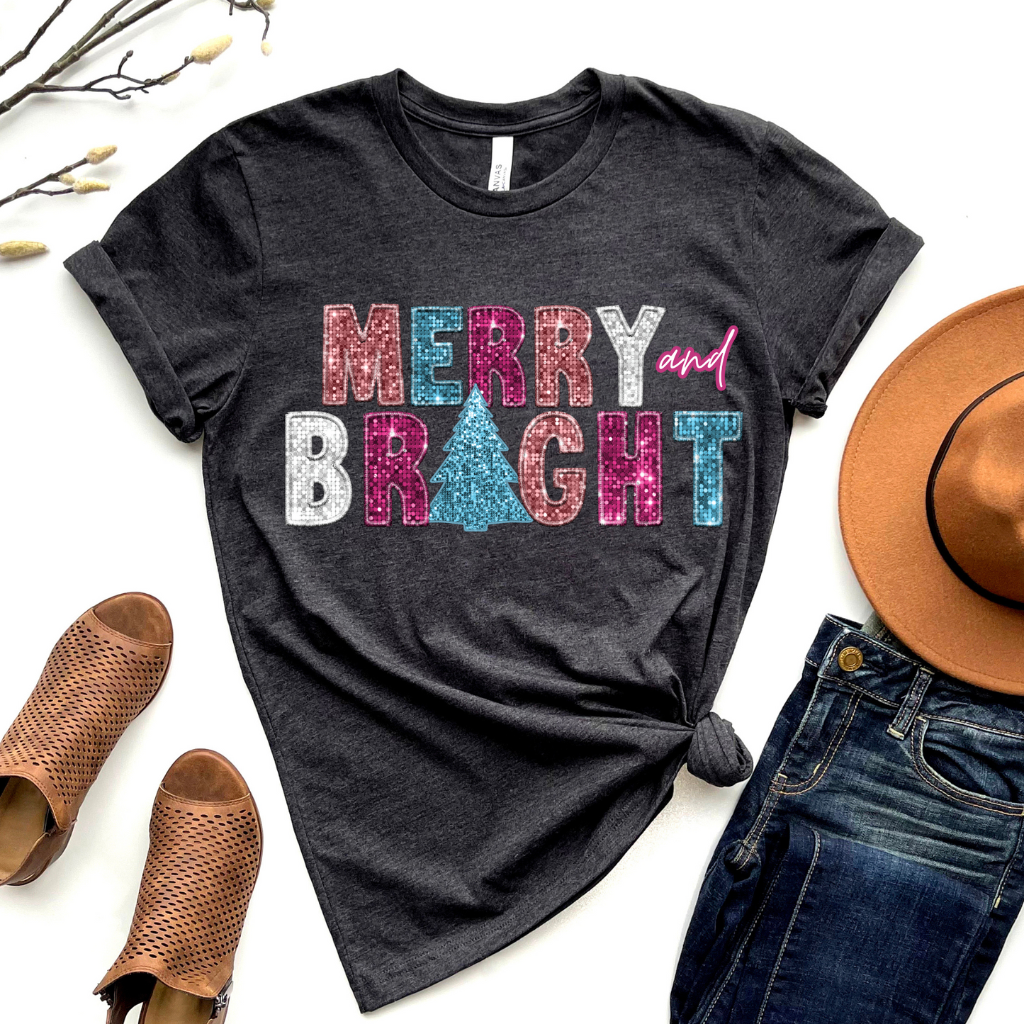 Wholesale Merry and Bright Bling Graphic Tee - Heather Charcoal Sweatshirt