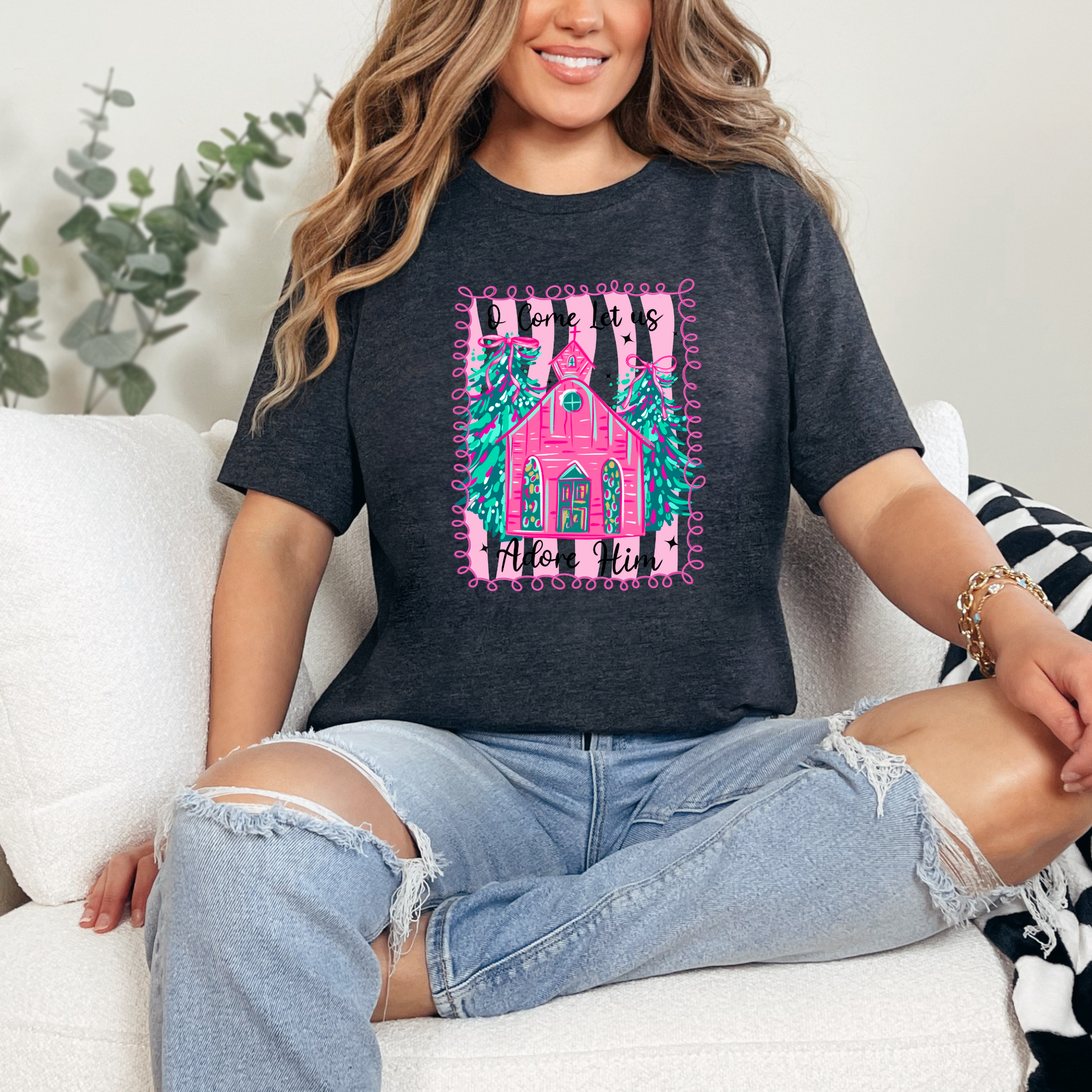 Wholesale Let Us Adore Him Pink Graphic Tee - Dark Grey Heather Tee