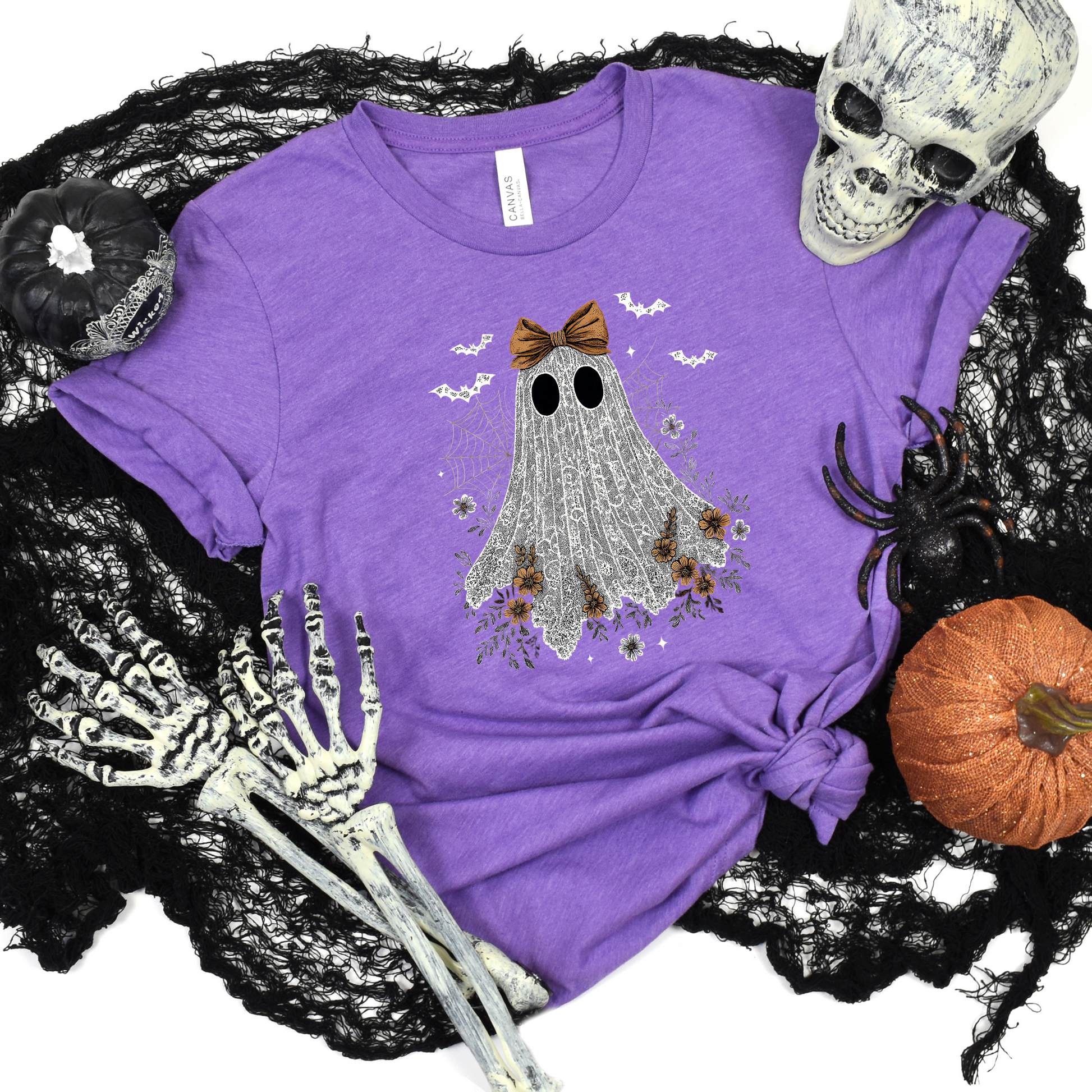 Wholesale Halloween Lace Ghost Cute Graphic Tee or Sweatshirt - Heather Team Purple Tee
