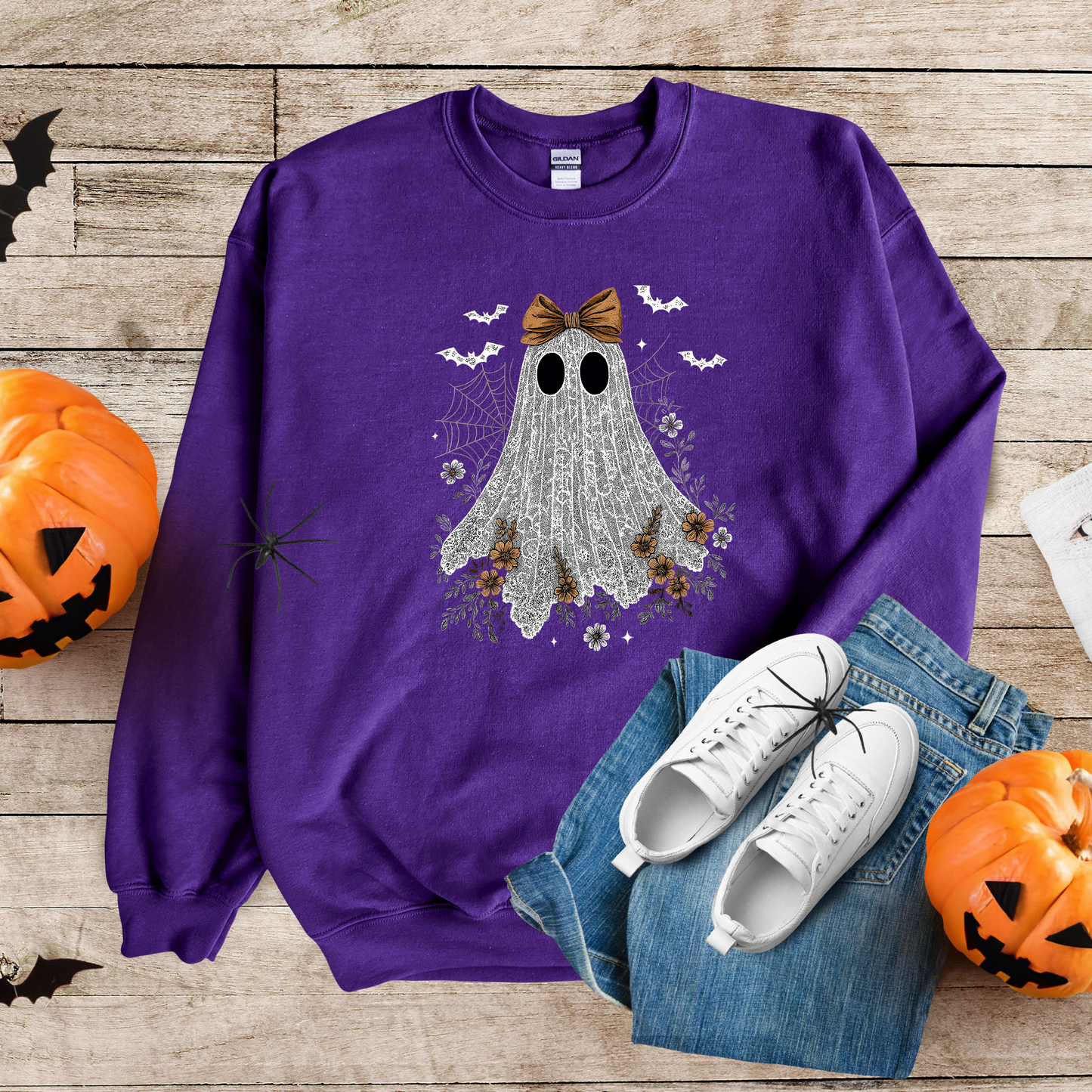 Wholesale Halloween Lace Ghost Cute Graphic Tee or Sweatshirt - Purple Sweatshirt