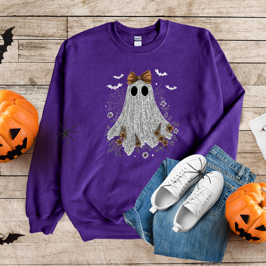 Wholesale Halloween Lace Ghost Cute Graphic Tee or Sweatshirt - Purple Sweatshirt