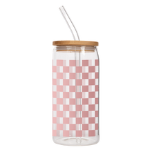  Pink Checkered 17 oz Can Glass w/ Straw and Lid - Decor