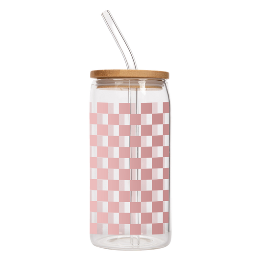 Pink Checkered 17 oz Can Glass w/ Straw and Lid - Decor