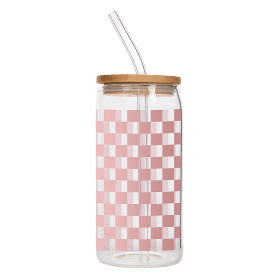 Pink Checkered 17 oz Can Glass w/ Straw and Lid - Decor