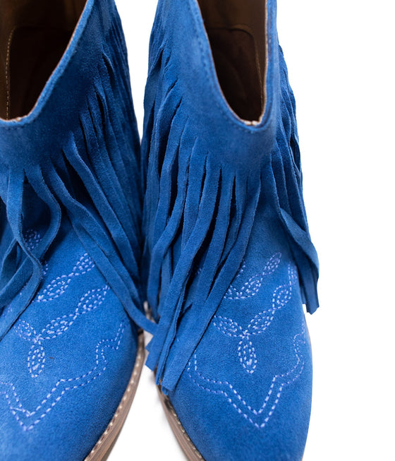 Amos Fringe Ankle Bootie in Blue Suede