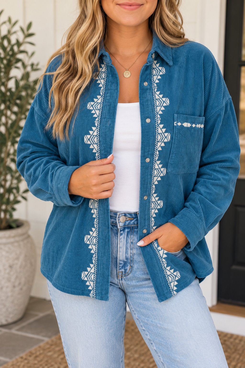 Carolina Sky Embroidered Corduroy Shirt — Plus