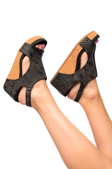  Carley Wedge Sandals in Black Metallic