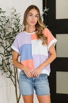  Contrast Club Color Block Top in Lilac, Orange and Denim