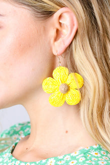  Canary Handwoven Straw Flower Dangle Earrings