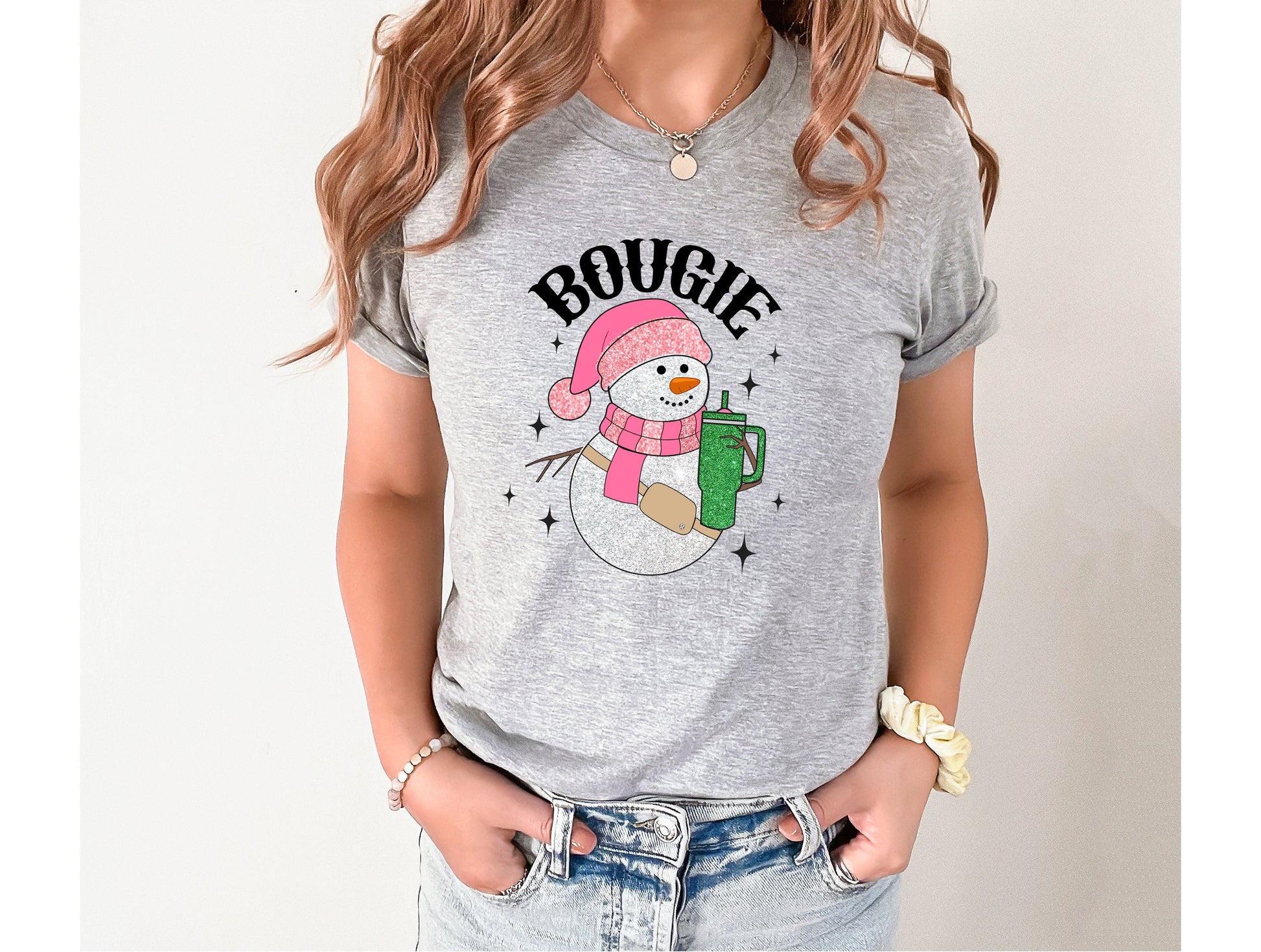 Wholesale Glitter Snowman Bougie Graphic Tee - Grey Tee