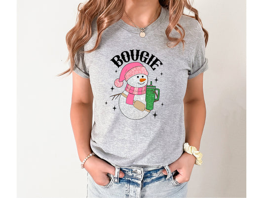 Wholesale Glitter Snowman Bougie Graphic Tee - Grey Tee