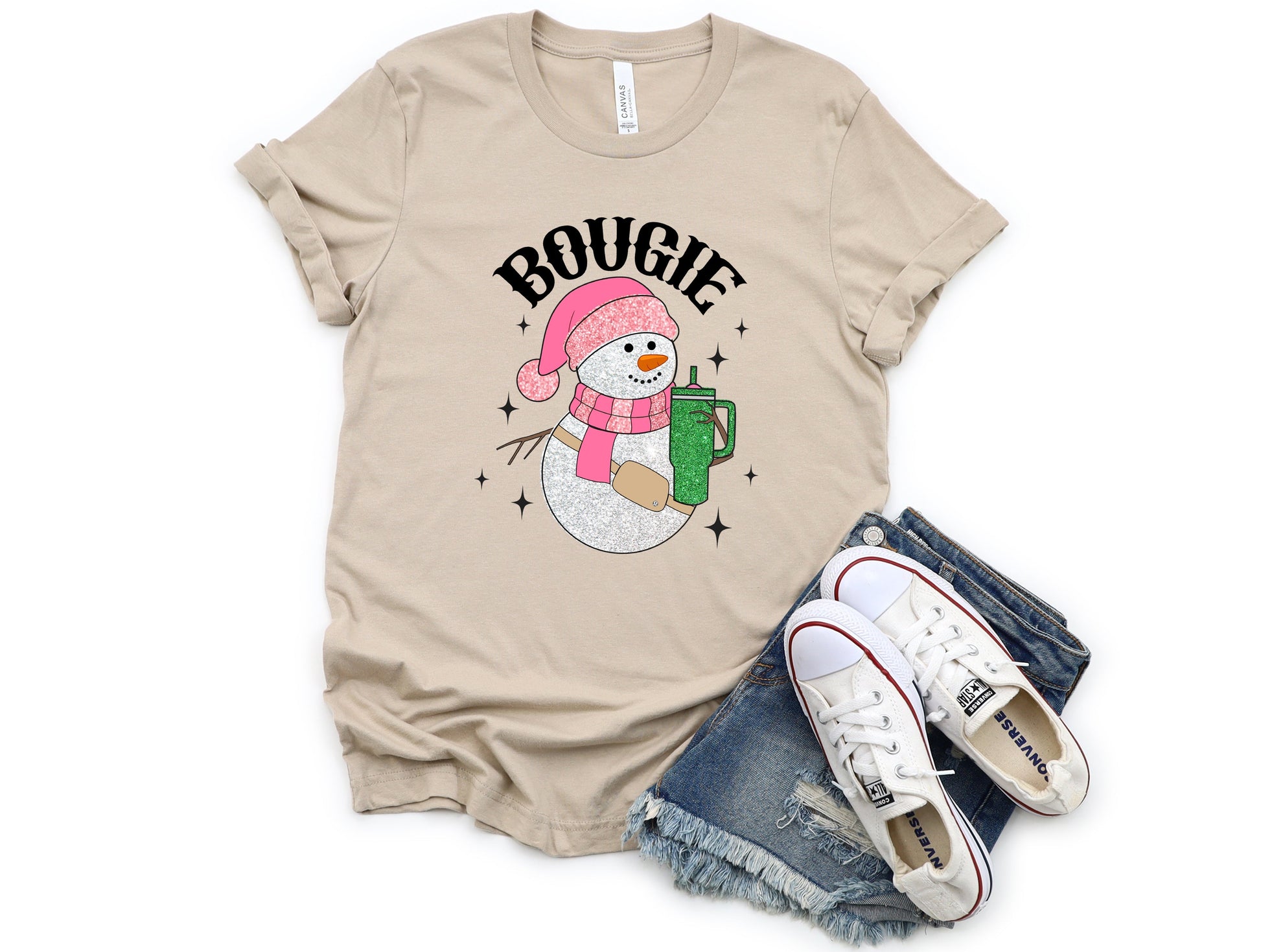 Wholesale Glitter Snowman Bougie Graphic Tee - Tan Tee