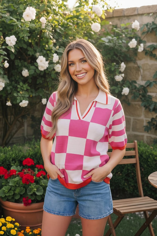 I'll Drive the Golf Cart Checkered Knit Top