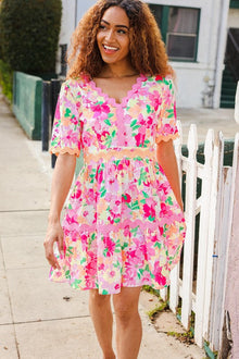  Beautiful You Rose Floral Print Ric Rack Trim Babydoll Dress