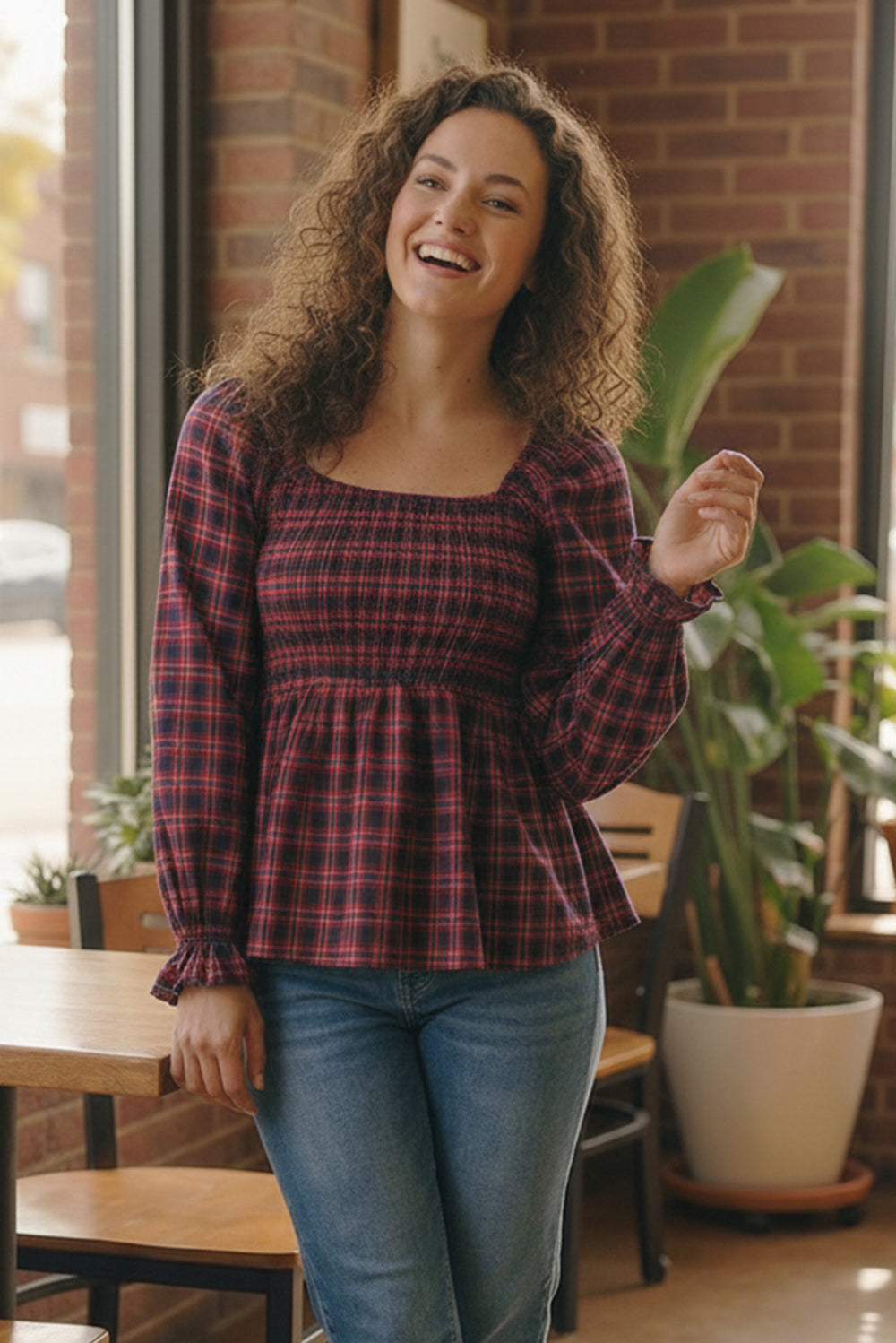 Sweetheart Smocked Cranberry Plaid Top