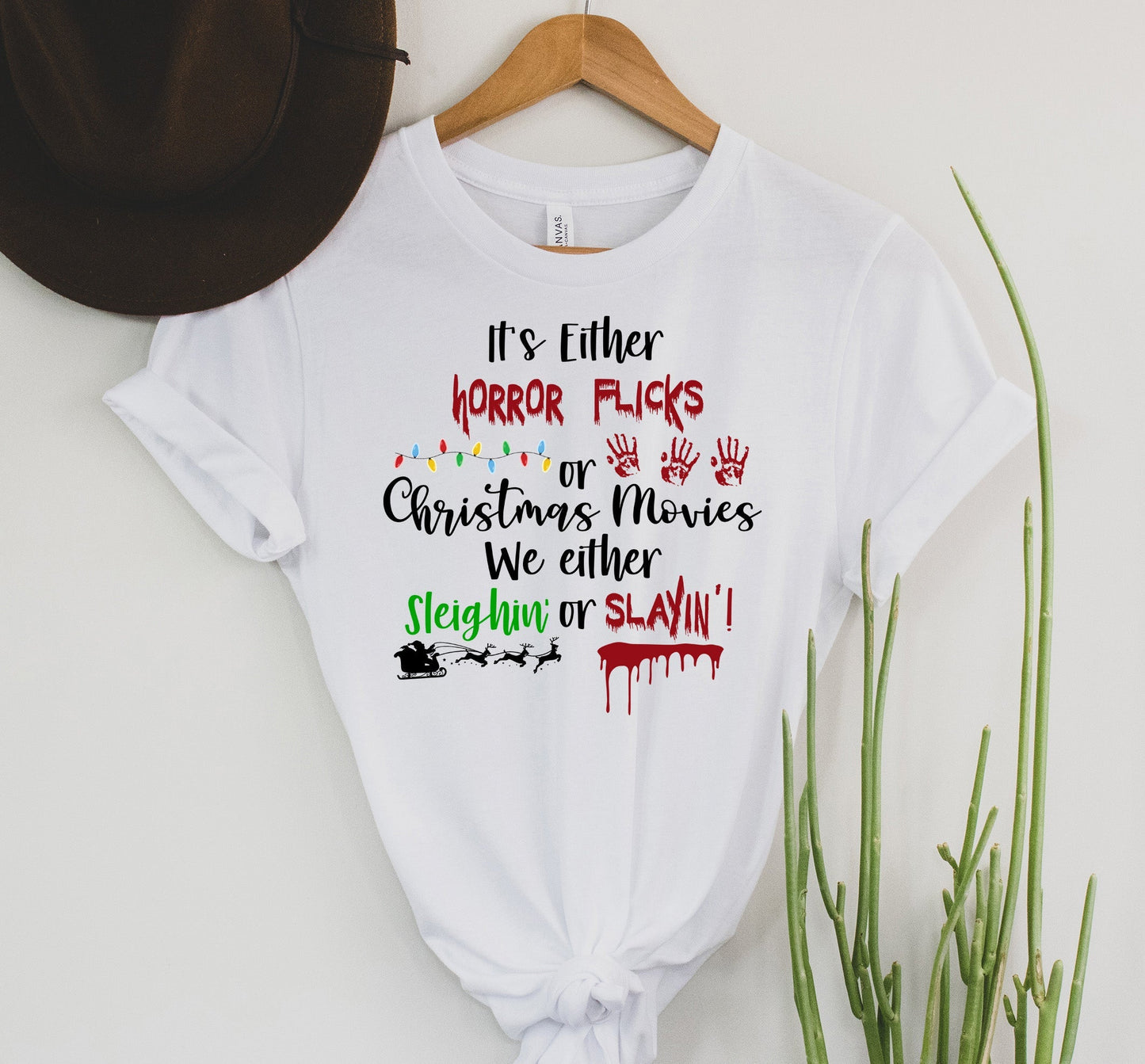 Wholesale Sleighin or Slayin Horror Flicks Graphic Tee - Black