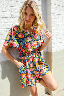  Sunny Days Floral Print Smocked Waist Back Neck Button Romper