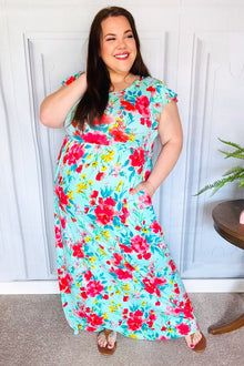  What A Vision Aqua Floral Fit & Flare Maxi Dress