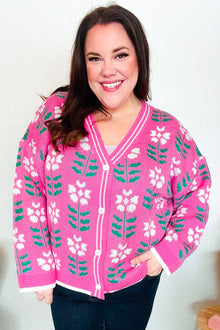  All For Love Fuchsia Flower Print Button Down Knit Cardigan