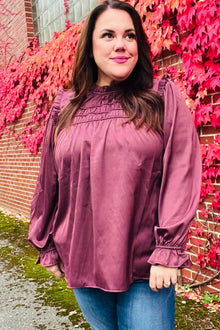  Be Your Best Wine Satin Shirred Yoke Frilled Mock Neck Top