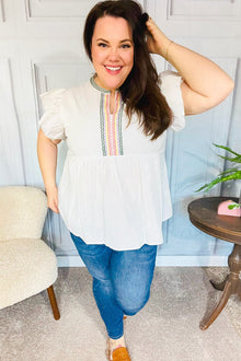  Weekend Ready Taupe Embroidered Notched Neck Babydoll Top