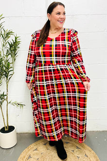  Adorable In Red Plaid Ruffle Detail Fit & Flare Midi Dress
