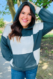  Adorable In Hunter Green Color Block Check Print Terry Hoodie