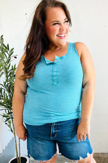  Summer Days Ice Blue Melange Ribbed Henley Button Down Tank