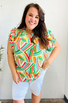  Hello Beautiful Green & Orange Geo Frill Notch Neck Puff Sleeve Top