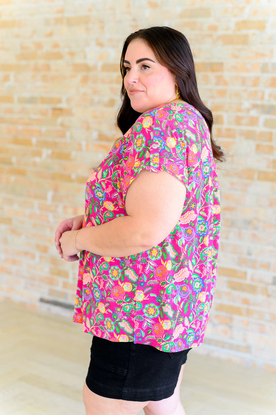 Lizzy Cap Sleeve Top in Fuchsia and Green Floral Paisley