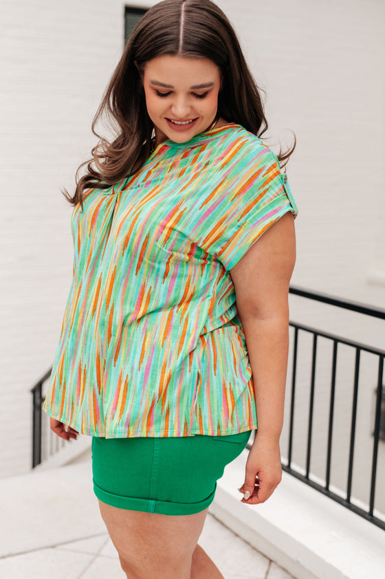 Lizzy Cap Sleeve Top in Lime and Emerald Multi Stripe