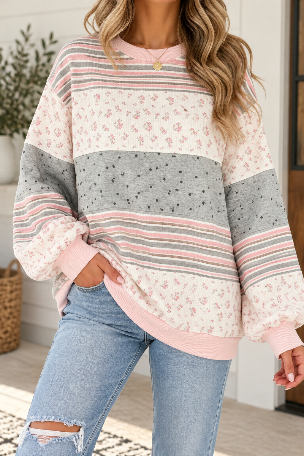 Blush & Blooms Patchwork Pullover