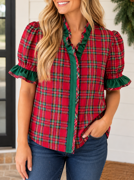 Christmas Charm Plaid Ruffle Top