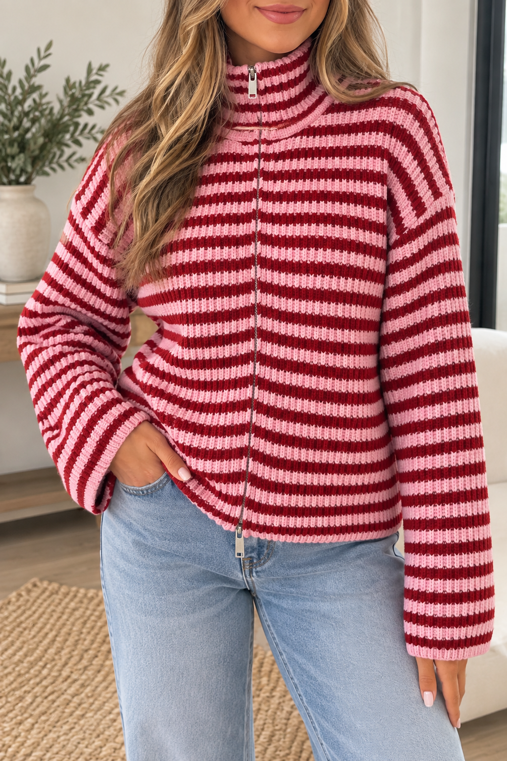 Cherry on Top Striped Zip Cardigan
