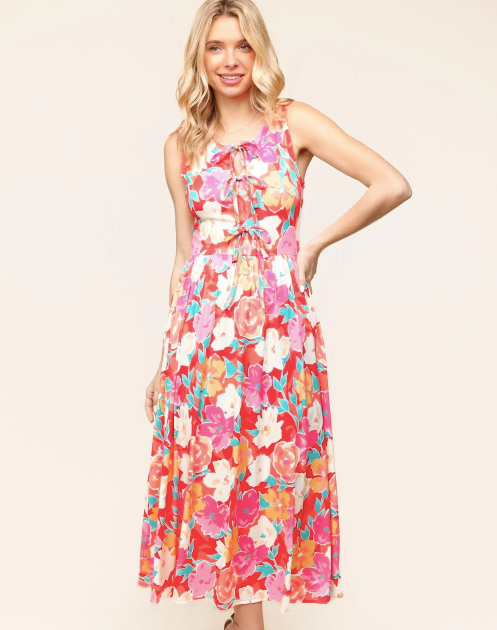 Coral Midi Dress with Pockets