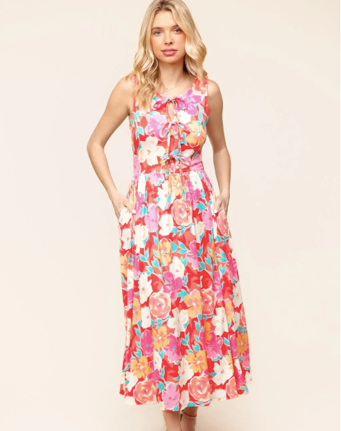 Coral Midi Dress with Pockets