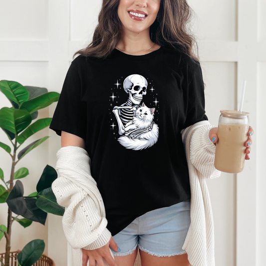 Wholesale Skeleton Cat Graphic Tee - Black Tee