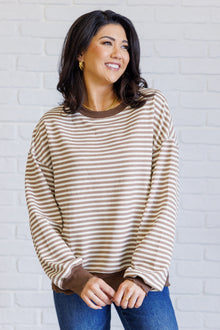  Too Good to be True Striped Drop Shoulder Top in Brown