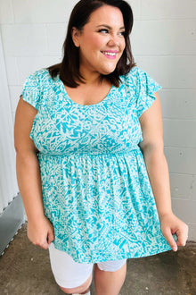  Aqua Boho Print Ruffle Short Sleeve Babydoll Top