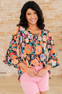  Willow Bell Sleeve Top in Black and Persimmon Floral