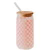 Pink Checkered 17 oz Can Glass w/ Straw and Lid - Decor