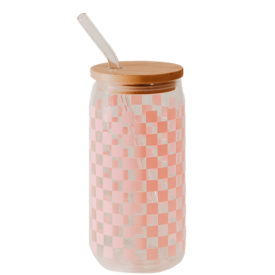 Pink Checkered 17 oz Can Glass w/ Straw and Lid - Decor