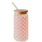 Pink Checkered 17 oz Can Glass w/ Straw and Lid - Decor