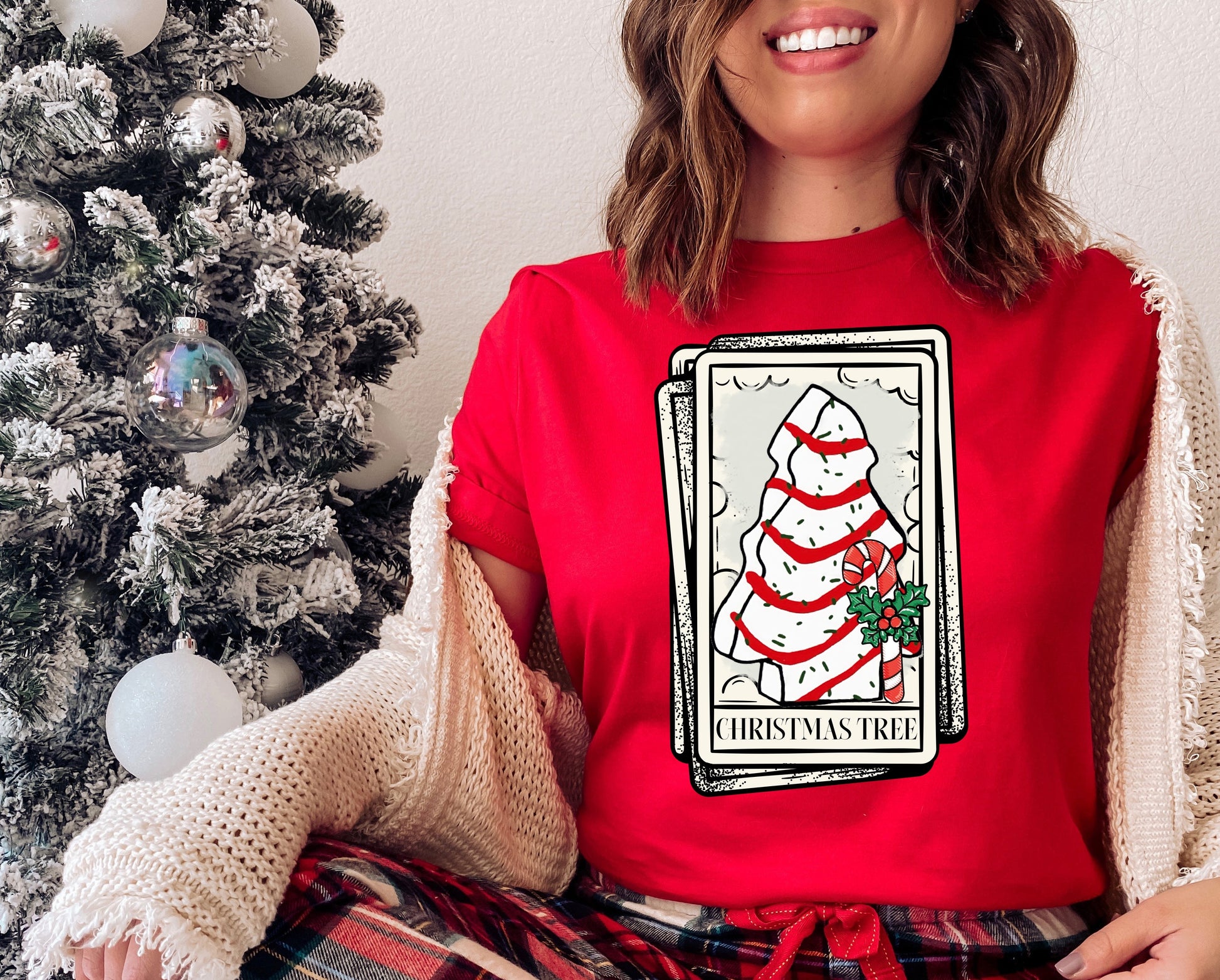 Wholesale Christmas Tree Cake Card Graphic Tee - Red