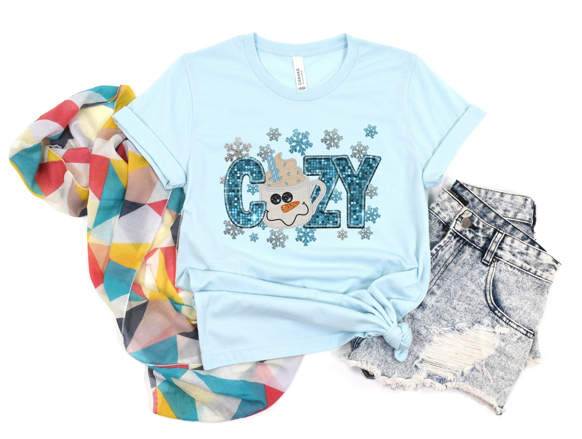 Wholesale Cozy Bling Graphic Tee - Ice Blue Tee