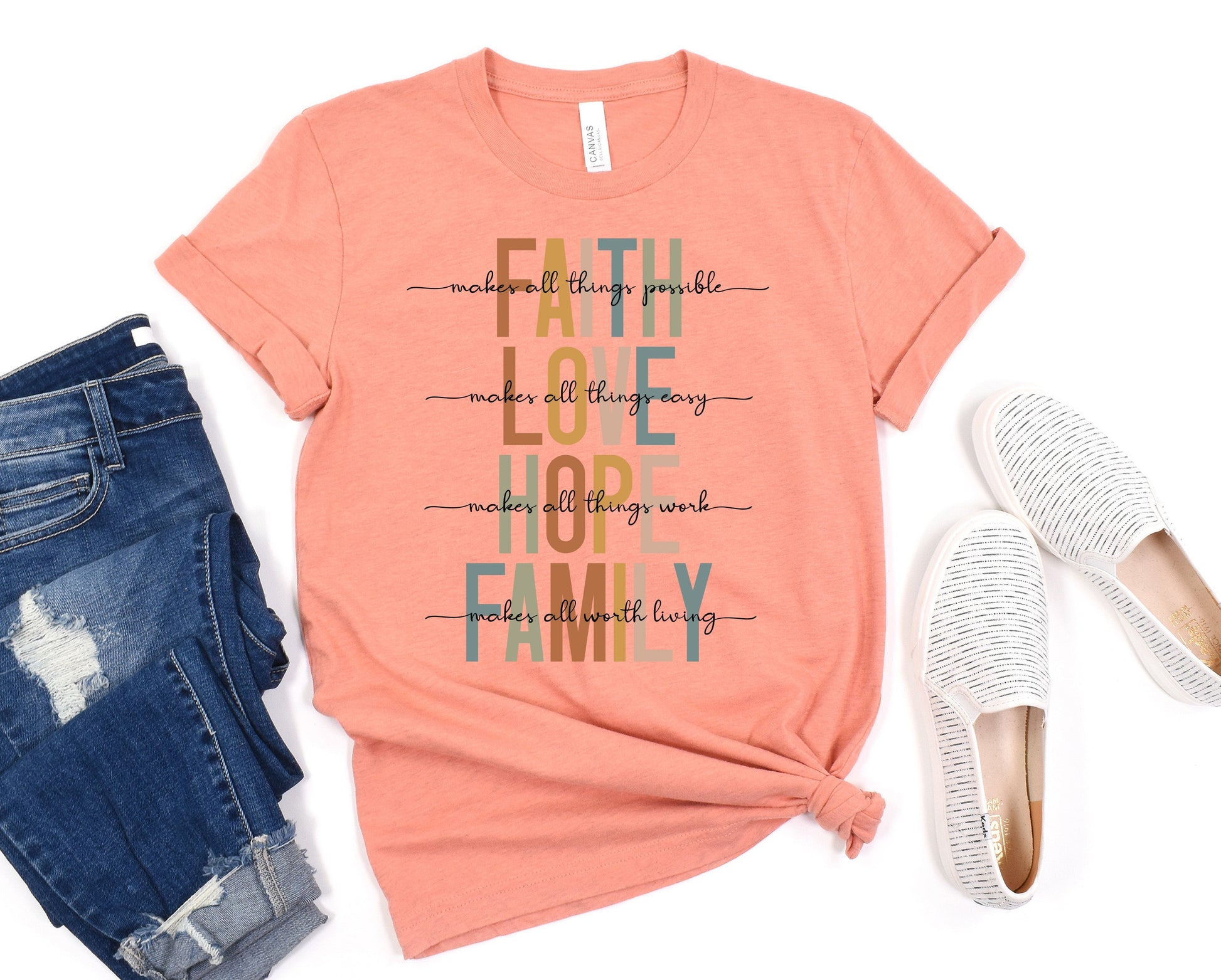 Wholesale Faith Love Hope Family Graphic Tee - Heathered Prism Sunset