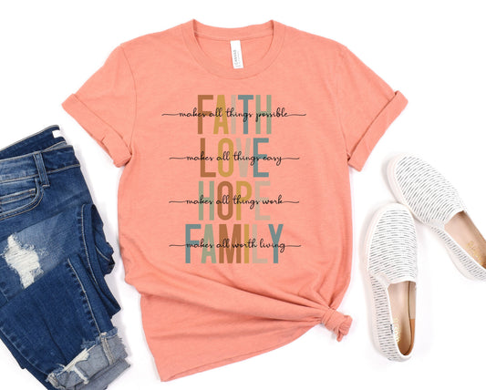 Wholesale Faith Love Hope Family Graphic Tee - Heathered Prism Sunset